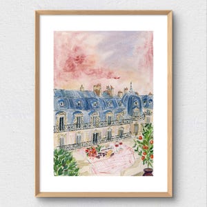 Paris Watercolor Canvas Art Print: French Cafe & Park Scene