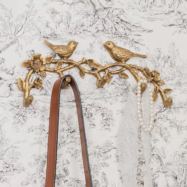 Ornate Vintage Wall Hooks, Bird Decorative Coat Hanger, Hallway Wall Hanging, French Farmhouse Decor, Gold Metal Rack, Nursery Decor