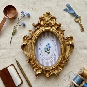 Mini Blue Floral Fridge Magnet, Ornate Gold Rococo Frame & Tiny Wall Art