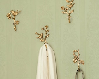 Vintage Ornate Bird Wall Hooks - Gold Decorative Hangers - French Farmhouse Home Decor Gift