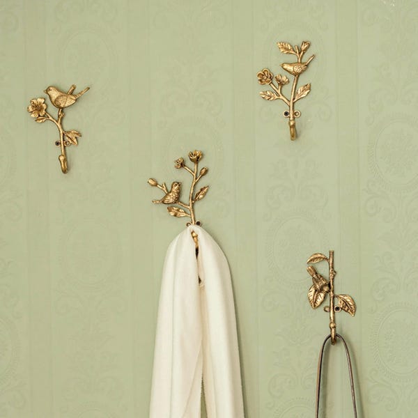 Ganchos de parede vintage ornamentados com pássaros - Cabides decorativos dourados - Decoração para casa em estilo casa de campo francesa - Presente