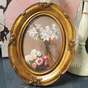 Oval Gold Ornate Framed Floral Art - Roses and Lilies Vintage Canvas ...