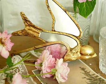 Gold Swallow Wall Mirror – Vintage Flying Bird Decor, Antique Finish Small Hanging Mirror