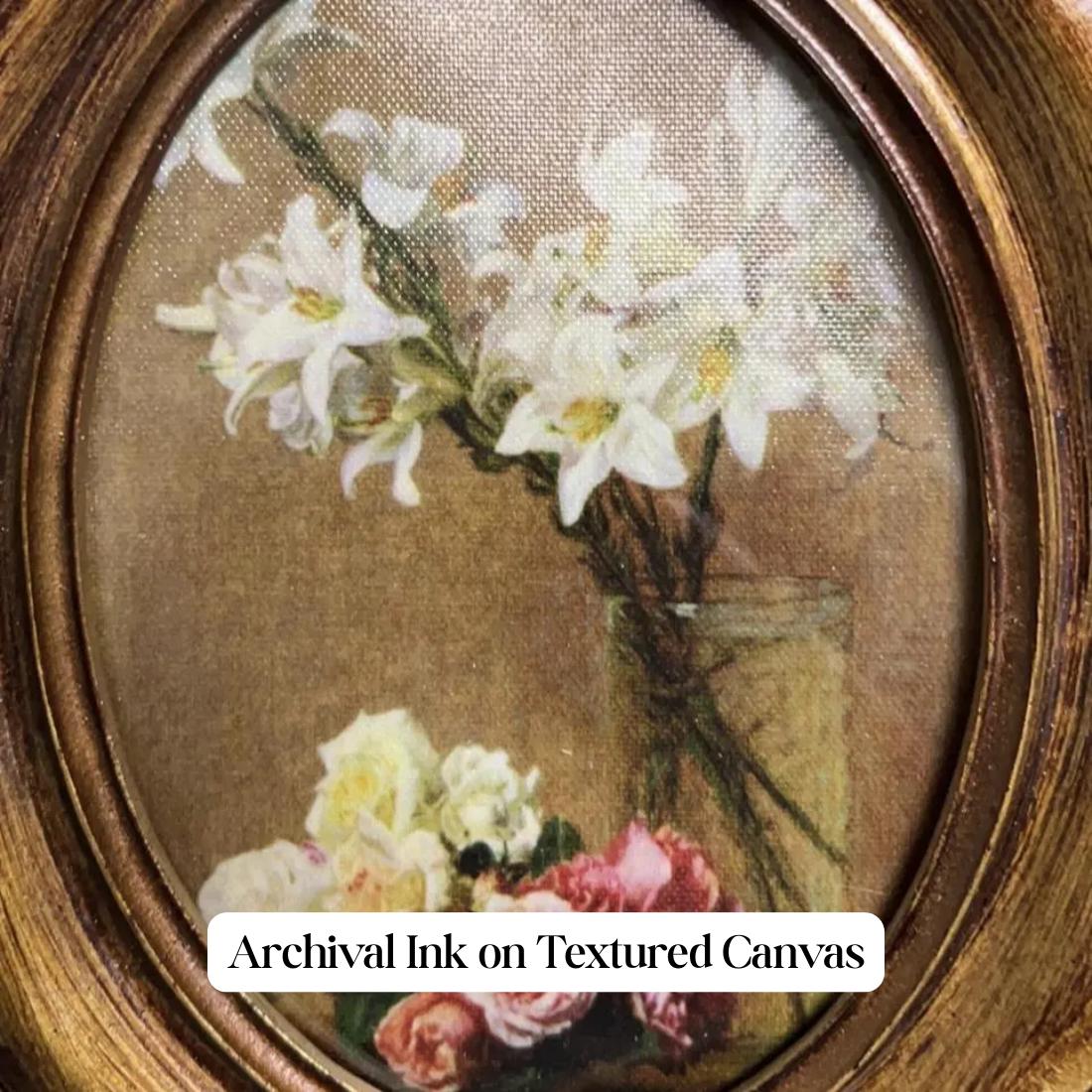 Oval Gold Ornate Framed Floral Art - Roses and Lilies Vintage Canvas ...