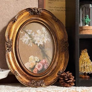 Oval Gold Ornate Framed Floral Art - Roses and Lilies Vintage Canvas ...