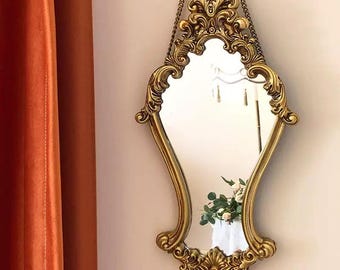 Ornate Gold Wall Mirror, Rococo Hourglass Vanity Decor, Baroque Hanging Mirror for Gallery Wall