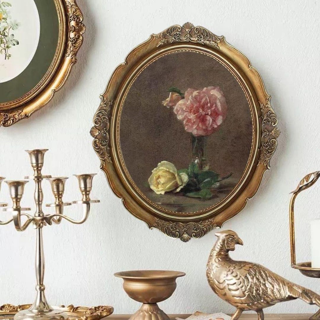 Framed Pink and Yellow Rose Wall Art - Gold Oval Frame, French ...