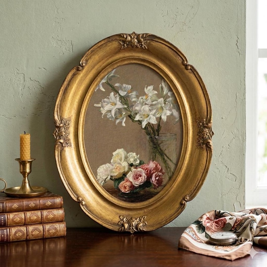 Oval Gold Ornate Framed Floral Art - Roses and Lilies Vintage Canvas ...