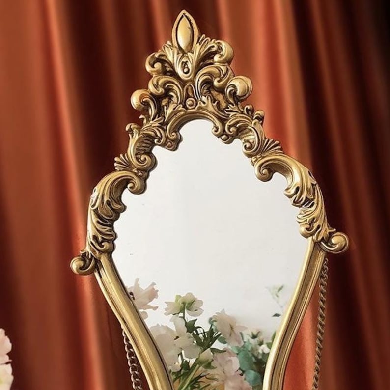 Ornate Gold Wall Mirror, Rococo Hourglass Vanity Decor, Baroque Hanging Mirror for Gallery Wall image 8