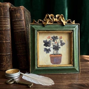 Malachite Green Framed Oxalis Canvas, Vintage Botanical Bow Frame, Dark Academia Art