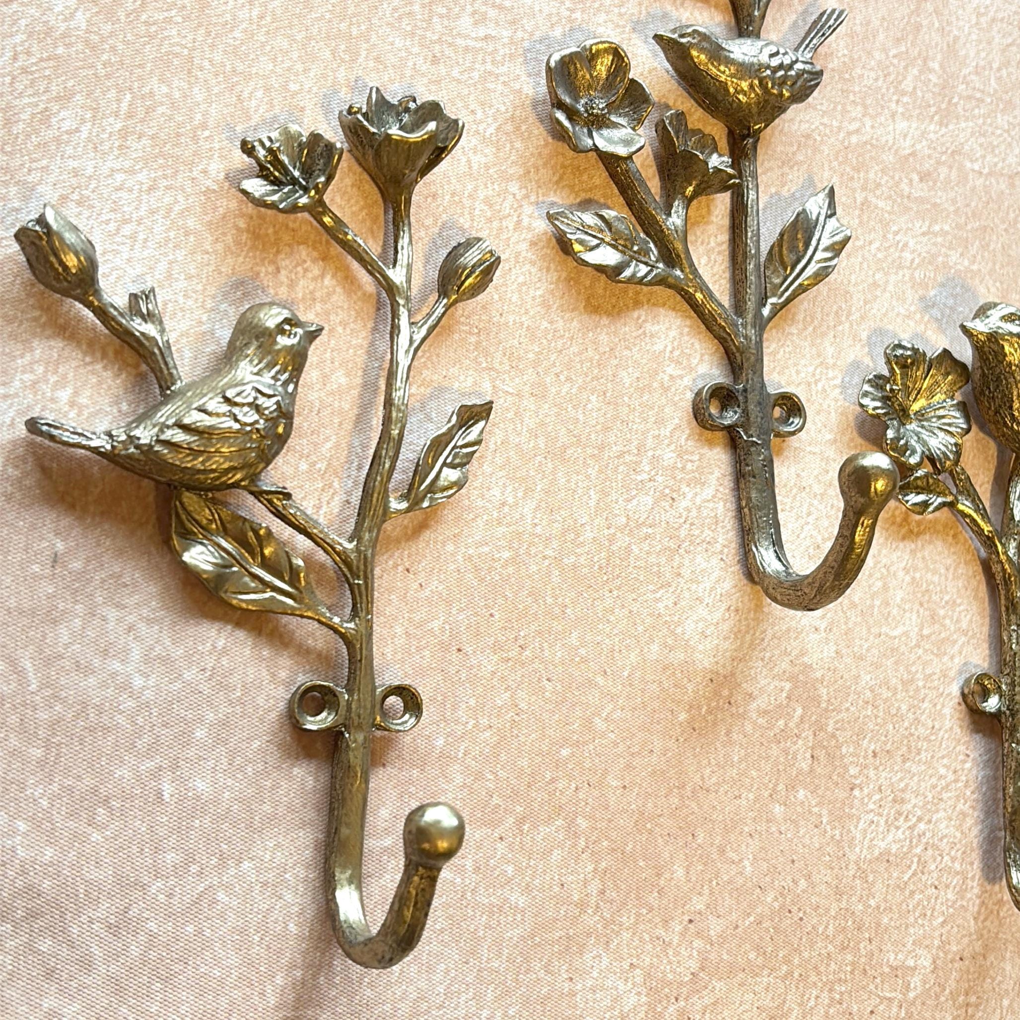 金色の鳥と花の金属製ウォールフック 割引 金属製鳥と花のウォール