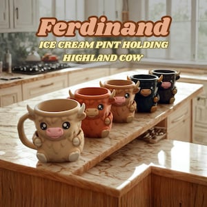 May include: A collection of ceramic Highland cow mugs in various colors, including tan, orange, brown, black, and dark brown. The mugs have a cartoon-like design with horns, a pink nose, and a handle. Text on the image reads "Ferdinand ICE CREAM PINT HOLDING HIGHLAND COW."