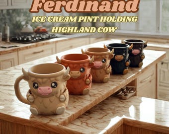 Highland Cow Ice Cream Pint Holder: 3D Printed Pint Cozy with Spoon Slots