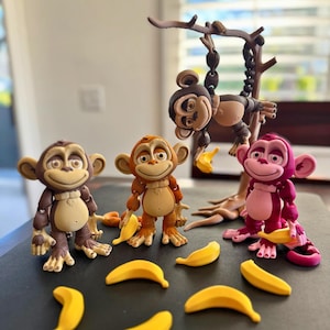 Articulated Monkey Fidget Toy with Banana – Moveable Limbs & Tail with optional Tree! - 3D Printed