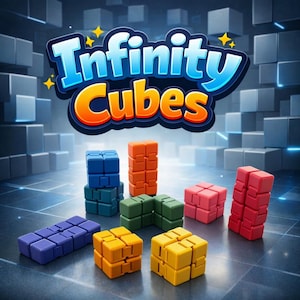 May include: An image of various colorful Infinity Cubes. The cubes are in shades of blue, orange, green, pink, yellow, and purple. The text "Infinity Cubes" is displayed in a blue and orange font. The background is a blurred, geometric design.