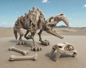 Jouet articulé tigre à dents de sabre : figurine préhistorique articulée avec os, base en option - Imprimé en 3D