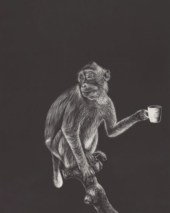 Coffee Monkey | Surreal Portrait | Black & White | Scraperboard