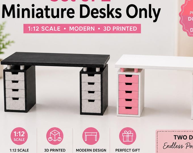 Set of 2 Miniature Office Desks 1:12 Scale | Pair of Modern Dollhouse Desks | 3D Printed Mini Furniture