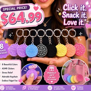 Set di 8 portachiavi Cookie Clicker, giocattolo antistress stampato in 3D, portachiavi sensoriale, clicker ASMR, sollievo dallo stress per ADHD, grazioso ciondolo per borsa
