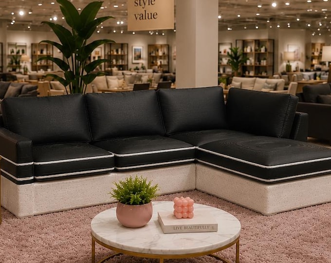 Modern Dollhouse L-Shaped Couch Black/White 1:12 Scale | Sectional Mini Furniture | 3D Printed Sofa for Barbie Scenes