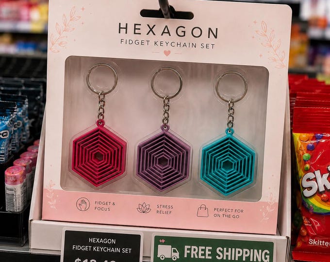 Hexagon Fidget Keychain Set of 3, Sensory Keychain Bundle, Anxiety Relief Keychains, ADHD Fidget Toy, 3D Printed Stress Relief Gift
