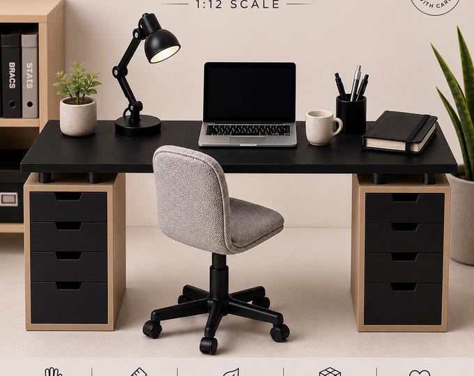 Miniature office desk dollhouse 1:12 scale brown | Modern Desk with Drawers | 3D Printed Barbie Office Furniture | Mini Office Diorama