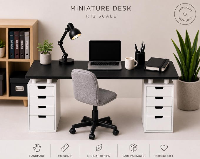 Miniature Dollhouse Office Desk | Modern Mini Desk with Drawers | 1:12 Scale Barbie Style Office Furniture | Doll Office Setup