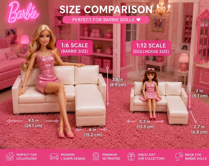 Barbie Furniture, 3D Printed L-Shaped Sectional Sofa, Modern Dollhouse Couch, 1 6 and 1 12 Scale, Fashion Doll Decor