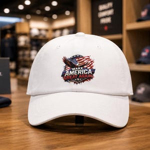 Puede incluir: Una gorra de béisbol blanca con un gráfico circular en la parte frontal. El diseño incluye un águila calva, una bandera estadounidense ondeando y el texto "MAKE AMERICA GREAT AGAIN" en letras azules y rojas en el centro.
