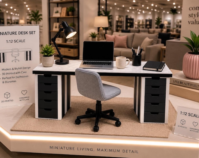 Miniature Dollhouse Office Desk 1:12 Scale | Modern Desk with Drawers | 3D Printed Barbie Office Furniture | Mini Office Diorama