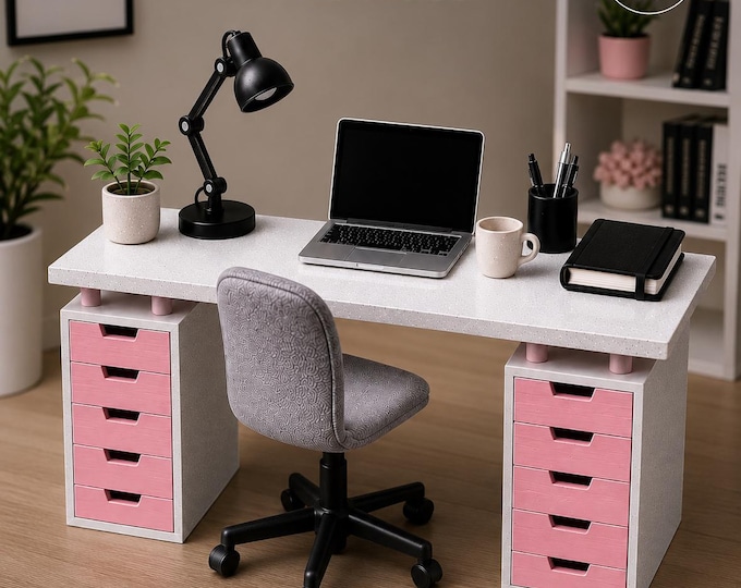 Miniature Dollhouse Office Desk | Modern Mini Desk with Drawers | 1:12 Scale Barbie Style Office Furniture | Doll Office Setup