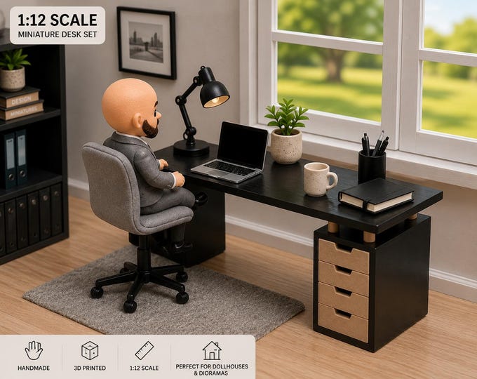 Miniature Dollhouse Office Desk 1:12 Scale | Modern Desk with Drawers | 3D Printed Barbie Office Furniture | Mini Office Diorama
