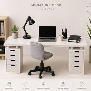 Miniature Dollhouse Office Desk | Modern Mini Desk with Drawers | 1:12 Scale Barbie Style Office Furniture | Doll Office Setup