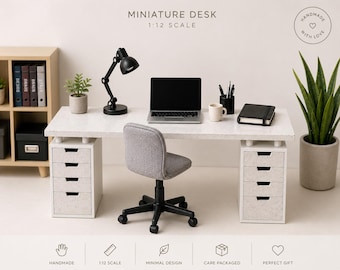 Miniature Dollhouse Office Desk | Modern Mini Desk with Drawers | 1:12 Scale Barbie Style Office Furniture | Doll Office Setup