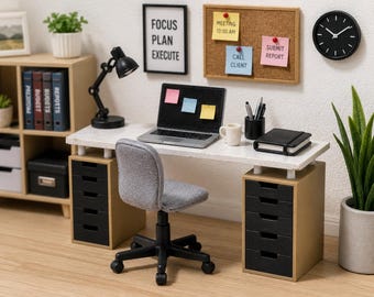 Miniature Dollhouse Office Desk | Modern Mini Desk with Drawers | 1:6 Scale Barbie Style Office Furniture | Doll Office Setup