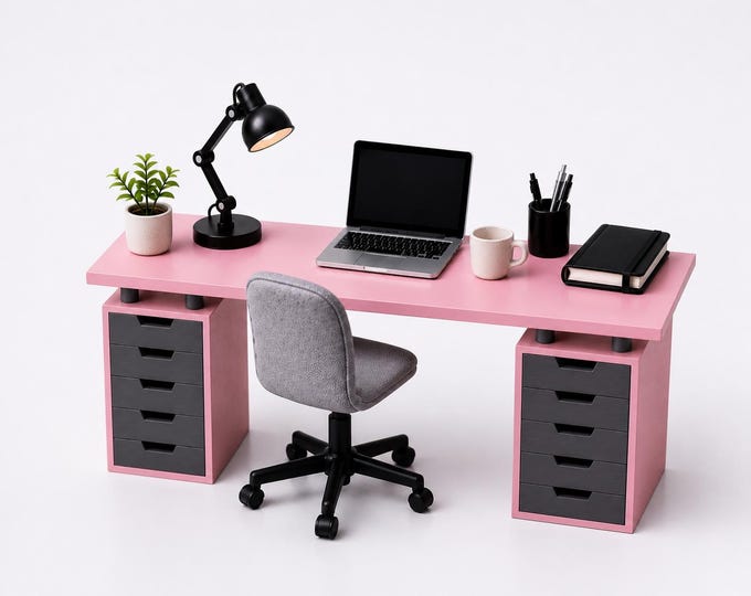 Miniature Office Desk 1:12 Scale | Dollhouse Executive Desk with Drawers | Pink & Black Modern Mini Furniture | Handmade Desk Decor