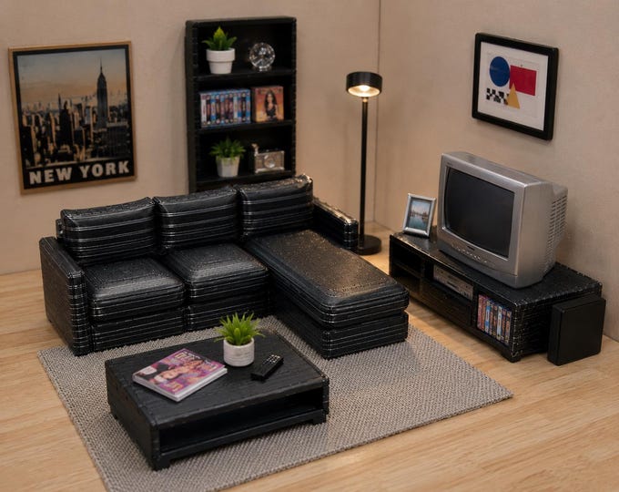 Dollhouse Sectional Sofa 1:12 Scale,L-Shaped Couch for Barbie,Modern Living Room Furniture,3D Printed Diorama Decor,Black & Silver