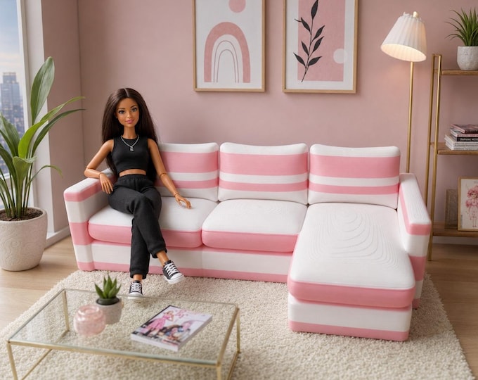 Barbie Furniture Pink and White Sectional Sofa 1:6 Scale, Modern L-Shaped Doll Couch, 3D Printed Dollhouse Living Room Decor