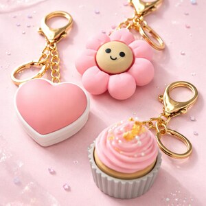 Puede incluir: Tres llaveros con herrajes y cadenas doradas. Uno es un corazón rosa con borde blanco, otro es una flor rosa con una cara sonriente, y el tercero es una magdalena rosa con chispas doradas. El fondo es rosa.