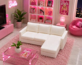 Miniature L Shaped Sofa 1:12 Scale | Modern Dollhouse Couch | 3D Printed Mini Furniture | Barbie Style Living Room Decor