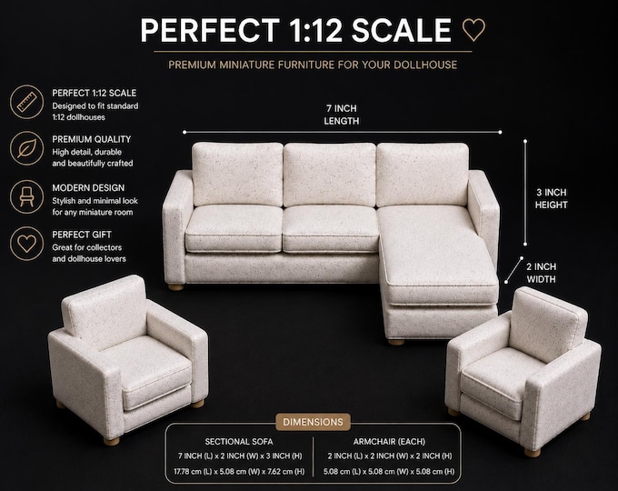 Miniature Living Room Set 1:12 Scale, Large Sectional Sofa With 2 Armchairs, Dollhouse Furniture, Modern Mini Living Room Decor