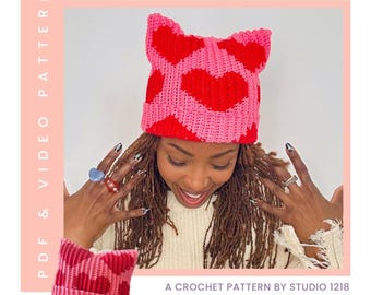 Pattern | Heart Cat Ear Beanie Crochet Pattern | Digital PDF + Video Tutorial