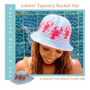 Patrón / Patrón de gorro tipo cubo con tapiz de langosta a crochet / PDF digital + videotutorial
