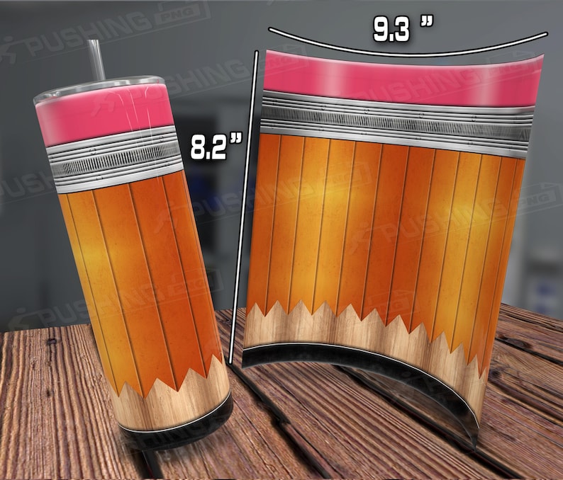 May include: A 9.3 inch by 8.2 inch sublimation design featuring a pencil with a pink eraser and a wood grain pattern. The design is perfect for creating custom tumblers, mugs, and other items.