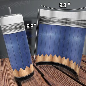 May include: A blue and brown tumbler with a pencil design. The tumbler is 8.2 inches tall and 9.3 inches wide.