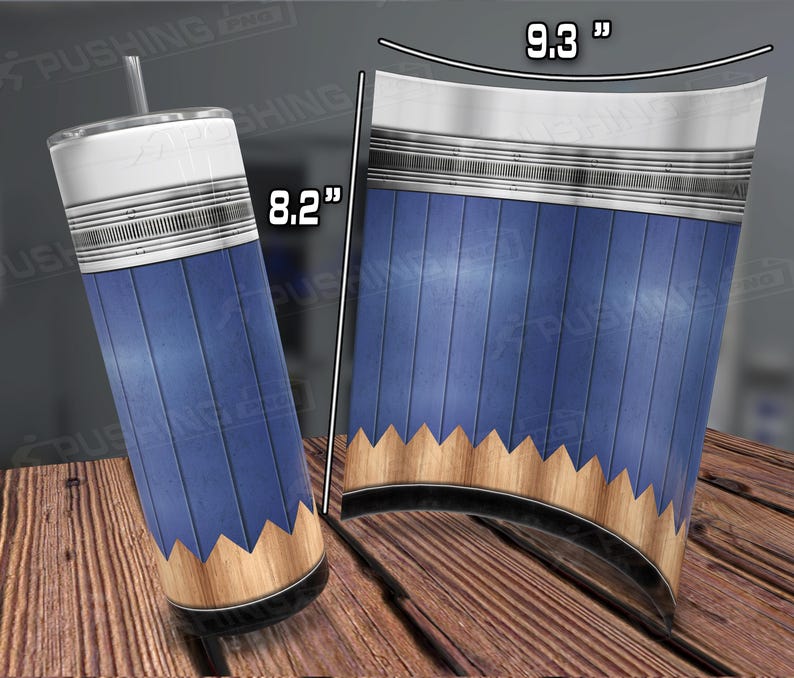 May include: A blue and brown tumbler with a pencil design. The tumbler is 8.2 inches tall and 9.3 inches wide.