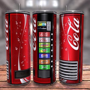 May include: Three stainless steel tumblers with different designs. The first tumbler has a red and white Coca-Cola can design. The second tumbler has a black and white vending machine design with various soda brands. The third tumbler has a red and white Coca-Cola can design with a black grill.