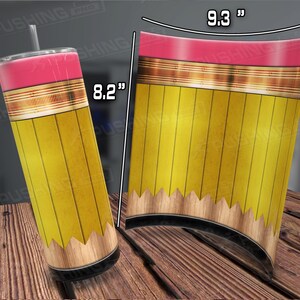 May include: A yellow and pink pencil-shaped tumbler with a 9.3 inch tall curved design and an 8.2 inch tall straight design.