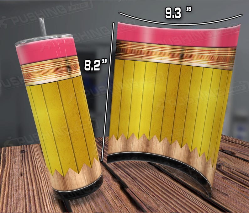 May include: A yellow and pink pencil-shaped tumbler with a 9.3 inch tall curved design and an 8.2 inch tall straight design.