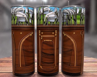 May include: Three brown leather golf bag-style tumblers with a design of golf clubs on the top half. The tumblers are insulated and have a stainless steel exterior.